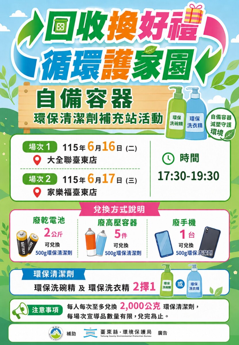 自備容器更環保!!臺東兩大賣場6月16日、17日邀你一起做回收換好康