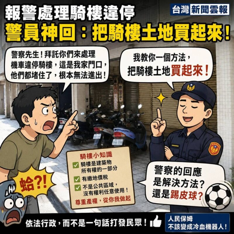 報警反映騎樓違停　民眾控警員竟回：「我教你一個方法，把騎樓土地買起來」